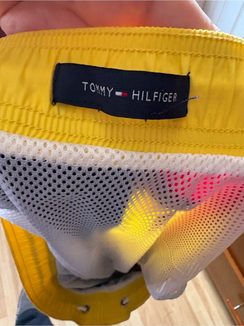 Tommy Hilfiger Men’s Colorblock Swim Trunks in Red, Black & Yellow